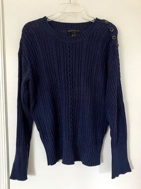 Preswick & Moore Navy Cable-Knit Sweater with Shoulder Buttons
